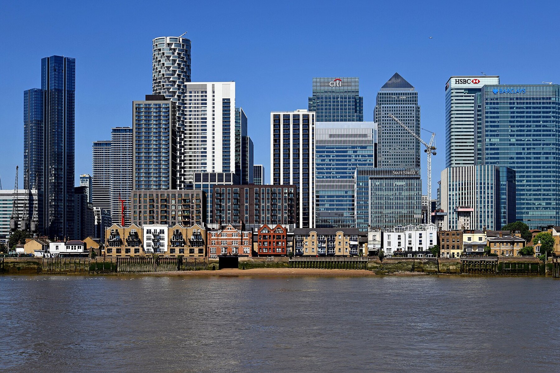 Canary Wharf financial district and banking towers in London.