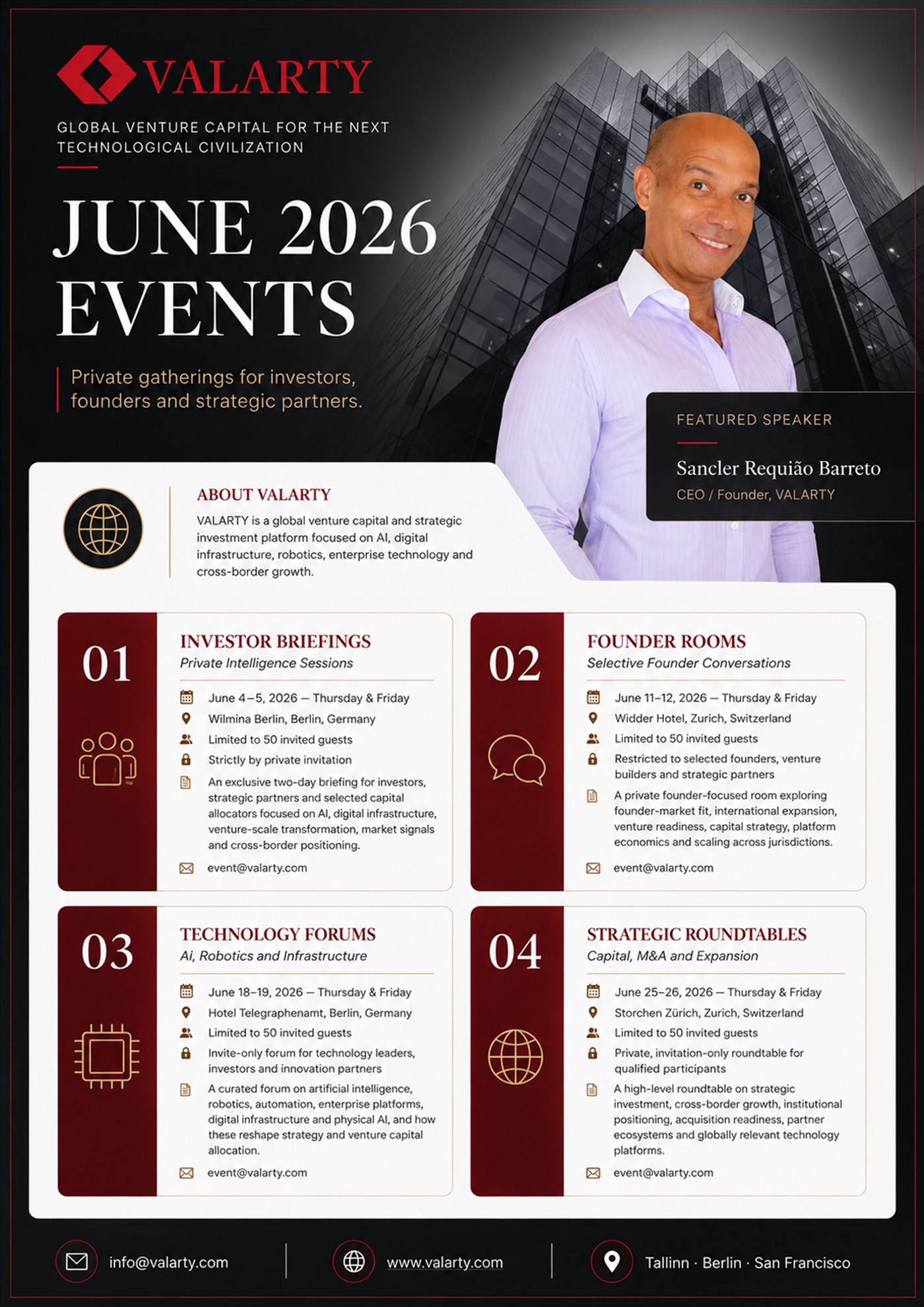 Official Valarty June 2026 Events flyer presenting private gatherings in Berlin and Zurich.